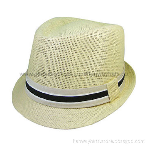 Men's fedora paper straw hat with stripe cotton twill band